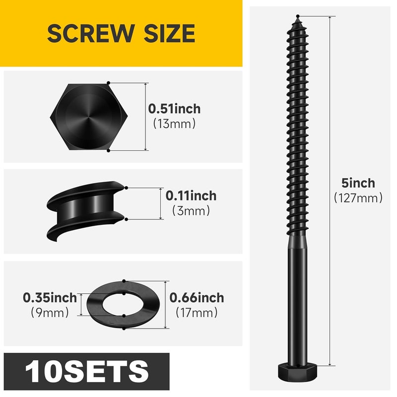 MYWISH (10Sets) 5/16" x 5" Hex Head Lag Bolts, Heavy Duty Lag Screws with Washers, 304 Stainless Steel Bolts 18-8, Lag Screws Wood Screws, Partial Thread Black Oxide, 5/16 Bolt - Image 2